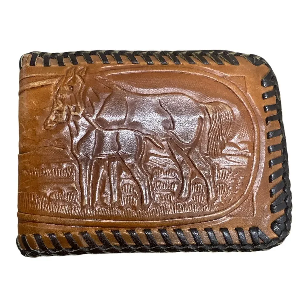 Vtg Pacific Eagle USA Tooled Leather Wallet Bifold Horse & Oak Leaves Laced Edg